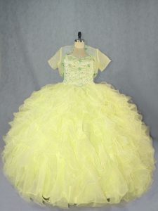 Floor Length Lace Up 15 Quinceanera Dress Yellow for Sweet 16 and Quinceanera with Beading and Ruffles