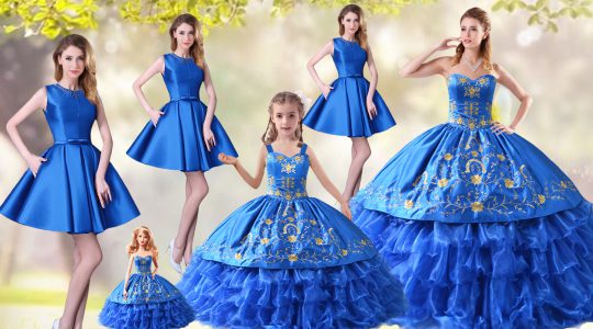 Fitting Blue Ball Gowns Organza Sweetheart Sleeveless Embroidery and Ruffled Layers Lace Up Sweet 16 Quinceanera Dress