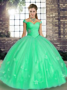 Floor Length Turquoise and Apple Green Quinceanera Dresses Off The Shoulder Sleeveless Lace Up