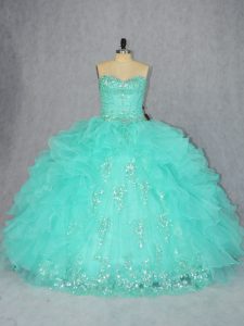 Aqua Blue Ball Gowns Beading and Appliques Quinceanera Gowns Lace Up Organza Sleeveless Floor Length