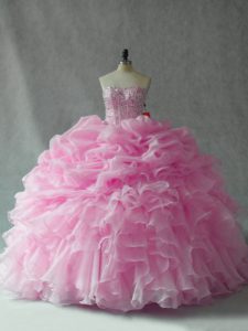 Baby Pink Organza Lace Up Strapless Sleeveless Ball Gown Prom Dress Brush Train Beading and Ruffles and Pick Ups
