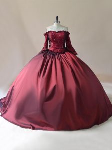 Burgundy Quinceanera Gown Off The Shoulder Long Sleeves Brush Train Lace Up
