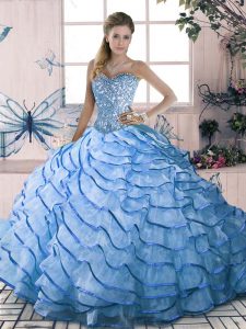 Admirable Brush Train Ball Gowns 15 Quinceanera Dress Blue Sweetheart Sleeveless Lace Up