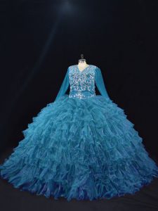 On Sale Floor Length Teal Vestidos de Quinceanera Organza Long Sleeves Beading and Ruffled Layers