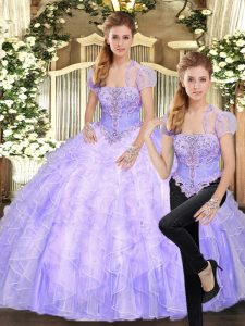 Lavender Lace Up Sweet 16 Dress Beading and Appliques and Ruffles Sleeveless Floor Length