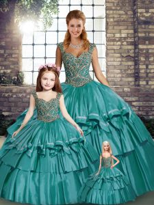 Sleeveless Taffeta Floor Length Lace Up Sweet 16 Dress in Teal with Beading and Ruffled Layers