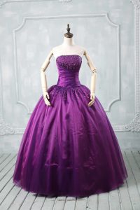 Cheap Purple Ball Gowns Organza Strapless Sleeveless Beading Floor Length Lace Up Quinceanera Gown
