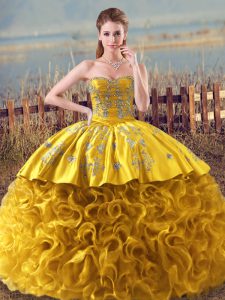 Gold Fabric With Rolling Flowers Lace Up Sweetheart Sleeveless Floor Length Quinceanera Dress Embroidery and Ruffles