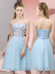 Stylish Light Blue Empire Sweetheart Sleeveless Tulle Knee Length Lace Up Appliques Quinceanera Dama Dress