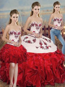 Admirable White And Red Three Pieces Sweetheart Sleeveless Organza Floor Length Lace Up Embroidery and Ruffles and Bowknot Sweet 16 Quinceanera Dress