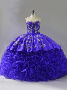 Sweetheart Sleeveless Sweet 16 Quinceanera Dress Floor Length Brush Train Embroidery and Ruffles Purple Fabric With Rolling Flowers