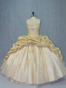 Exquisite Champagne Sweetheart Lace Up Beading and Appliques Quinceanera Gowns Brush Train Sleeveless
