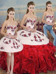 On Sale White And Red Three Pieces Embroidery and Ruffles and Bowknot Sweet 16 Dresses Lace Up Organza Sleeveless Floor Length