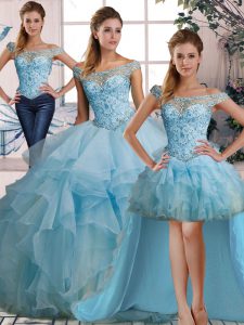 Light Blue Organza Lace Up Quinceanera Gowns Sleeveless Floor Length Beading and Ruffles