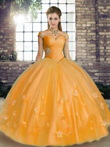 Artistic Orange Ball Gowns Off The Shoulder Sleeveless Tulle Floor Length Lace Up Beading and Appliques Quinceanera Gown
