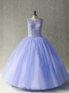 Suitable Sleeveless Tulle Lace Up Ball Gown Prom Dress in Lavender with Beading