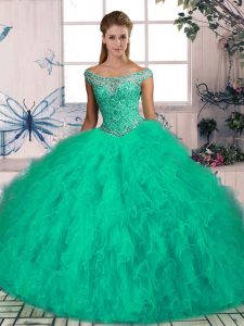 Turquoise Off The Shoulder Neckline Beading and Ruffles Ball Gown Prom Dress Sleeveless Lace Up