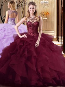 Hot Selling Burgundy Tulle Lace Up Scoop Sleeveless Vestidos de Quinceanera Brush Train Beading and Ruffles