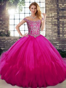 Trendy Fuchsia Lace Up Off The Shoulder Beading and Ruffles Vestidos de Quinceanera Tulle Sleeveless