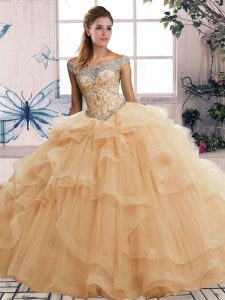 Sleeveless Tulle Floor Length Lace Up Ball Gown Prom Dress in Champagne with Beading and Ruffles
