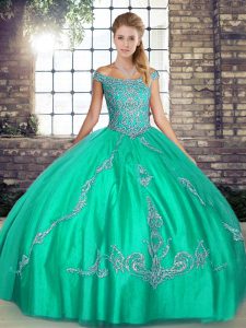 Custom Fit Floor Length Lace Up Vestidos de Quinceanera Turquoise for Military Ball and Sweet 16 and Quinceanera with Beading and Embroidery