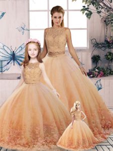 Luxurious Tulle Scalloped Sleeveless Sweep Train Backless Lace 15th Birthday Dress in Peach