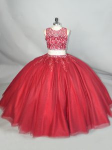 Floor Length Zipper Quince Ball Gowns Red for Quinceanera with Beading and Appliques