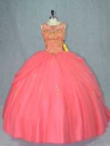 Dramatic Watermelon Red Sleeveless Tulle Brush Train Lace Up 15 Quinceanera Dress for Sweet 16 and Quinceanera