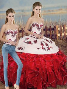 High Quality White And Red Two Pieces Sweetheart Sleeveless Organza Floor Length Lace Up Embroidery and Ruffles and Bowknot Sweet 16 Dress