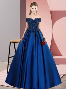 Eye-catching A-line Ball Gown Prom Dress Blue Off The Shoulder Satin Sleeveless Floor Length Zipper