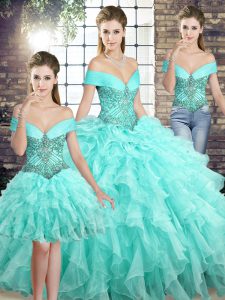Custom Made Off The Shoulder Sleeveless Organza Quinceanera Gowns Beading and Ruffles Brush Train Lace Up