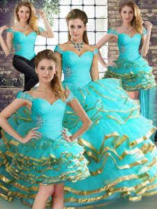 Beauteous Aqua Blue Sleeveless Tulle Lace Up Vestidos de Quinceanera for Military Ball and Sweet 16 and Quinceanera