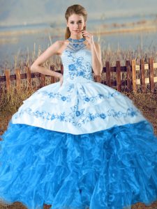 Fantastic Baby Blue Halter Top Neckline Embroidery and Ruffles 15th Birthday Dress Sleeveless Lace Up