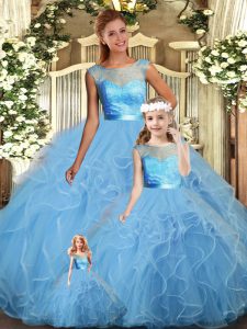 Customized Baby Blue Sleeveless Floor Length Lace and Ruffles Backless 15 Quinceanera Dress