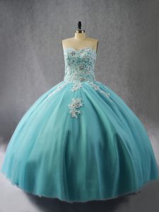 Traditional Sleeveless Floor Length Appliques Lace Up Ball Gown Prom Dress with Blue