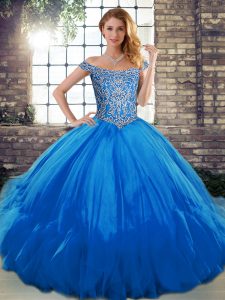 Super Ball Gowns Vestidos de Quinceanera Blue Off The Shoulder Tulle Sleeveless Floor Length Lace Up