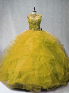 Bateau Sleeveless Court Train Lace Up Quinceanera Dress Olive Green Tulle