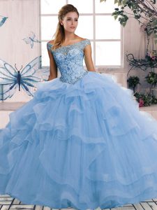 Top Selling Off The Shoulder Sleeveless Tulle Vestidos de Quinceanera Beading and Ruffles Lace Up