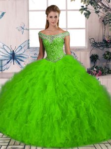 Lace Up Quinceanera Gowns Beading and Ruffles Sleeveless Brush Train