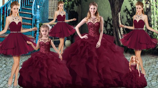 Hot Sale Burgundy Scoop Neckline Beading and Ruffles 15 Quinceanera Dress Sleeveless Lace Up