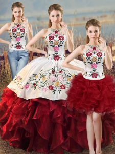 White And Red 15 Quinceanera Dress Sweet 16 and Quinceanera with Embroidery and Ruffles Halter Top Sleeveless Lace Up