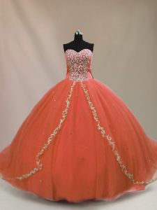 Orange Quinceanera Dress Sweet 16 and Quinceanera with Beading Sweetheart Sleeveless Brush Train Lace Up