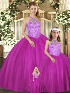 Fuchsia Tulle Lace Up Halter Top Sleeveless Floor Length 15th Birthday Dress Beading