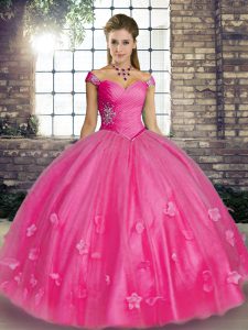 Floor Length Lace Up 15 Quinceanera Dress Rose Pink for Military Ball and Sweet 16 and Quinceanera with Beading and Appliques
