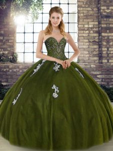 Glittering Tulle Sweetheart Sleeveless Lace Up Beading and Appliques Quinceanera Gowns in Olive Green