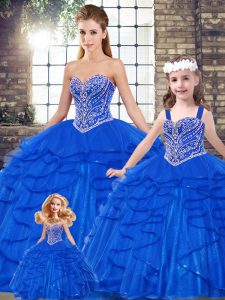 Sexy Royal Blue Tulle Lace Up Sweet 16 Dress Sleeveless Floor Length Beading and Ruffles