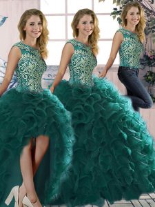 Peacock Green Three Pieces Beading and Ruffles Quinceanera Dress Lace Up Organza Sleeveless Floor Length