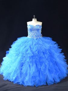Fashion Blue Sleeveless Beading and Ruffles Floor Length Sweet 16 Dress