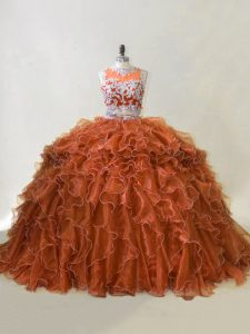 High Quality Scoop Sleeveless Quince Ball Gowns Brush Train Beading and Ruffles Brown Organza