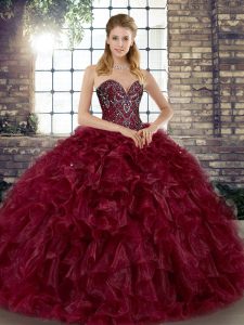 Burgundy Lace Up Sweetheart Beading and Ruffles Quince Ball Gowns Organza Sleeveless